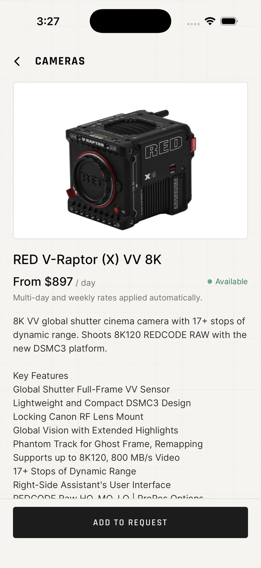 RED V-Raptor equipment detail in GLM Rentals