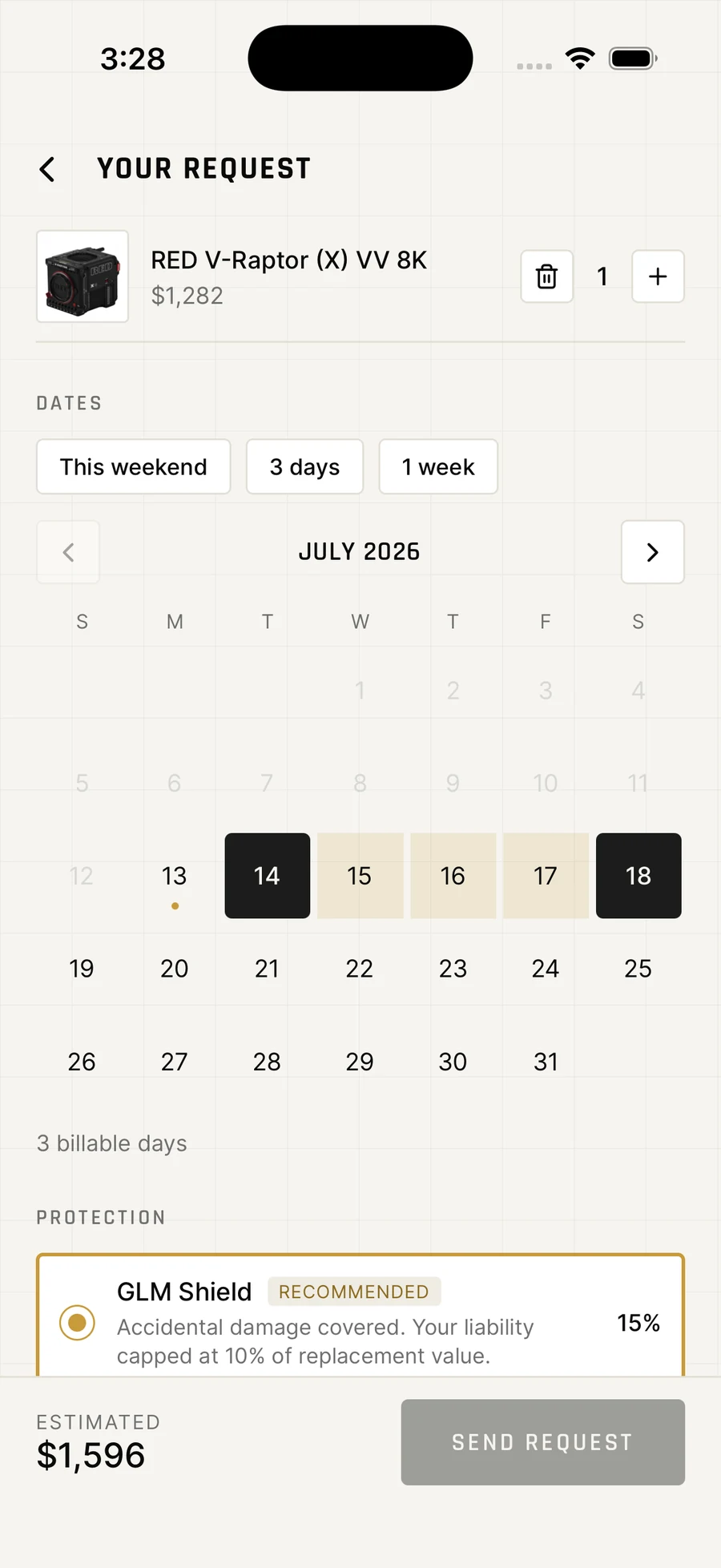 GLM Rentals iPhone request showing selected dates and an itemized estimate