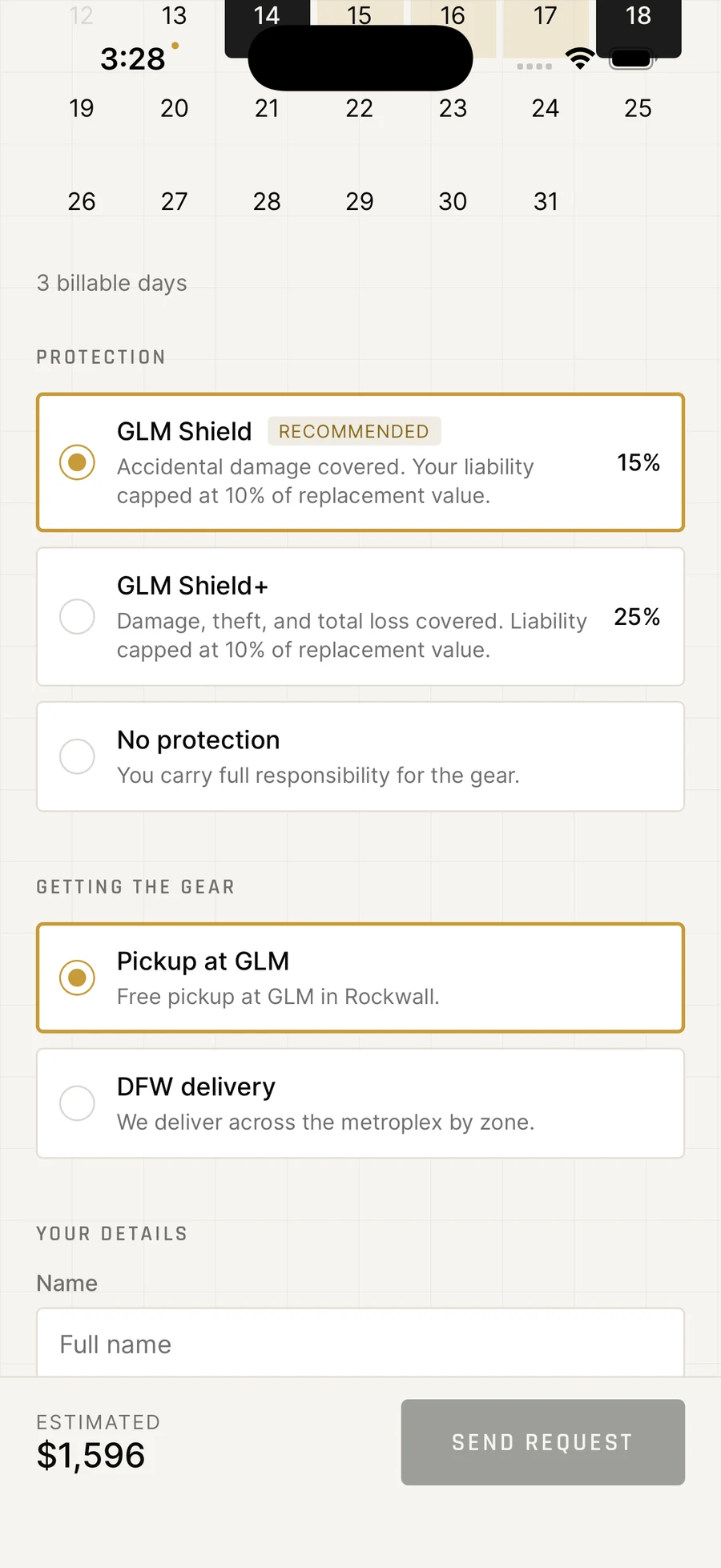 GLM Rentals protection, pickup, and DFW delivery options