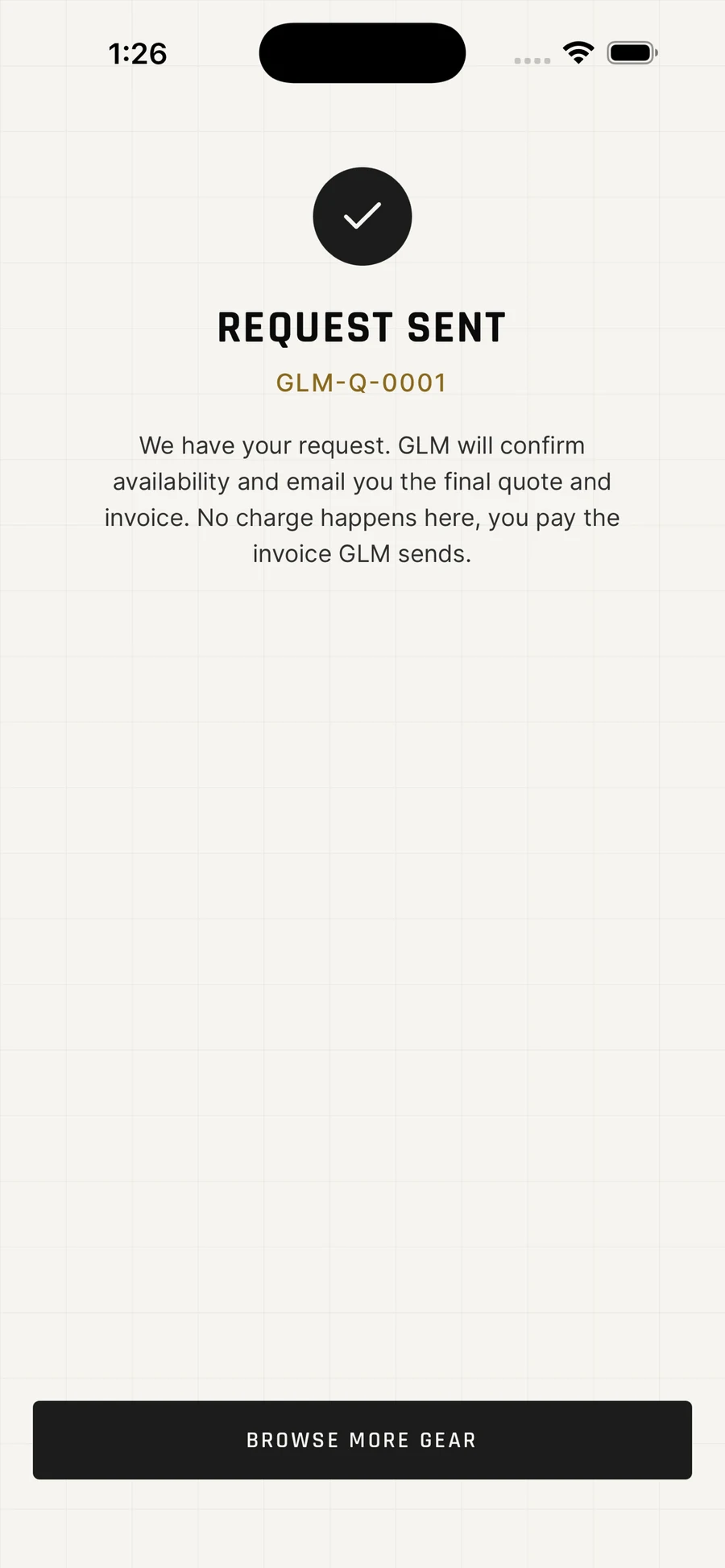 Request sent confirmation in GLM Rentals